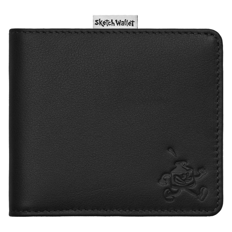 Black leather wallet with a brand label on a white background