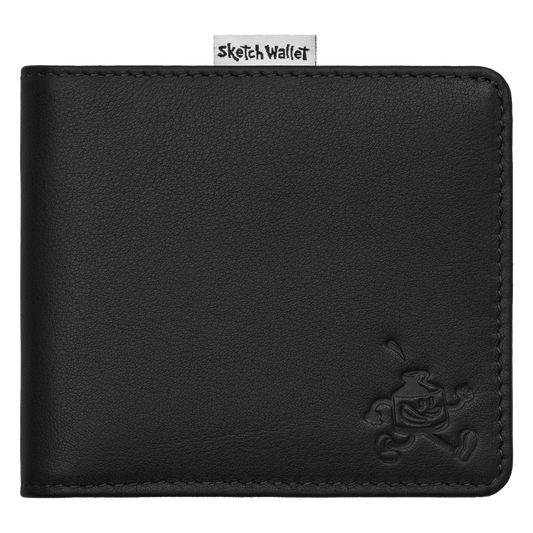 Black leather wallet with a brand label on a white background