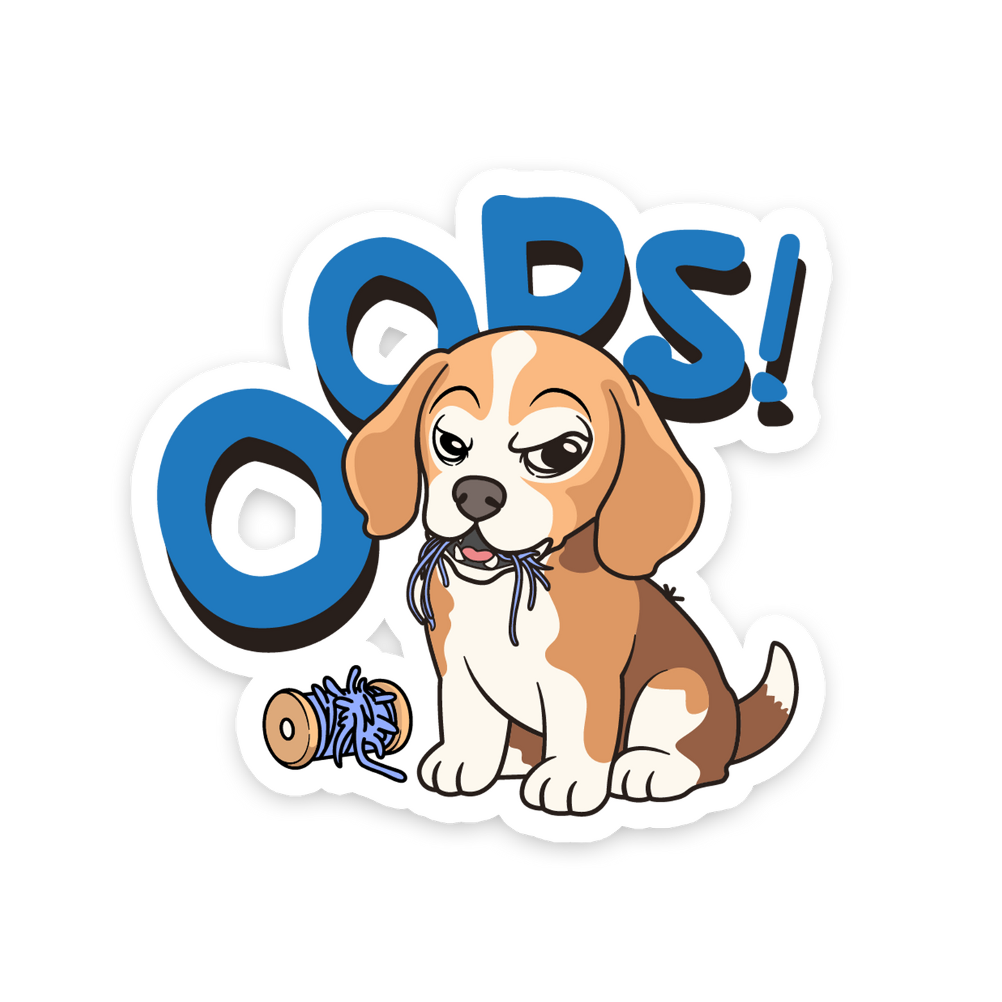 Cartoon dog with a toy and 'Oops!' text on a white background
