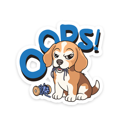 Cartoon dog with a toy and 'Oops!' text on a white background