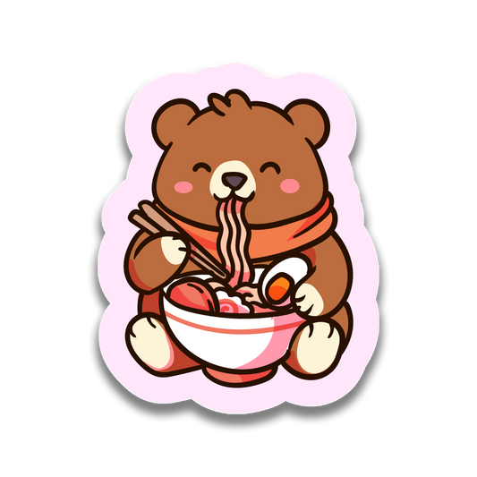 Sticker of a bear eating noodles with chopsticks on a white background