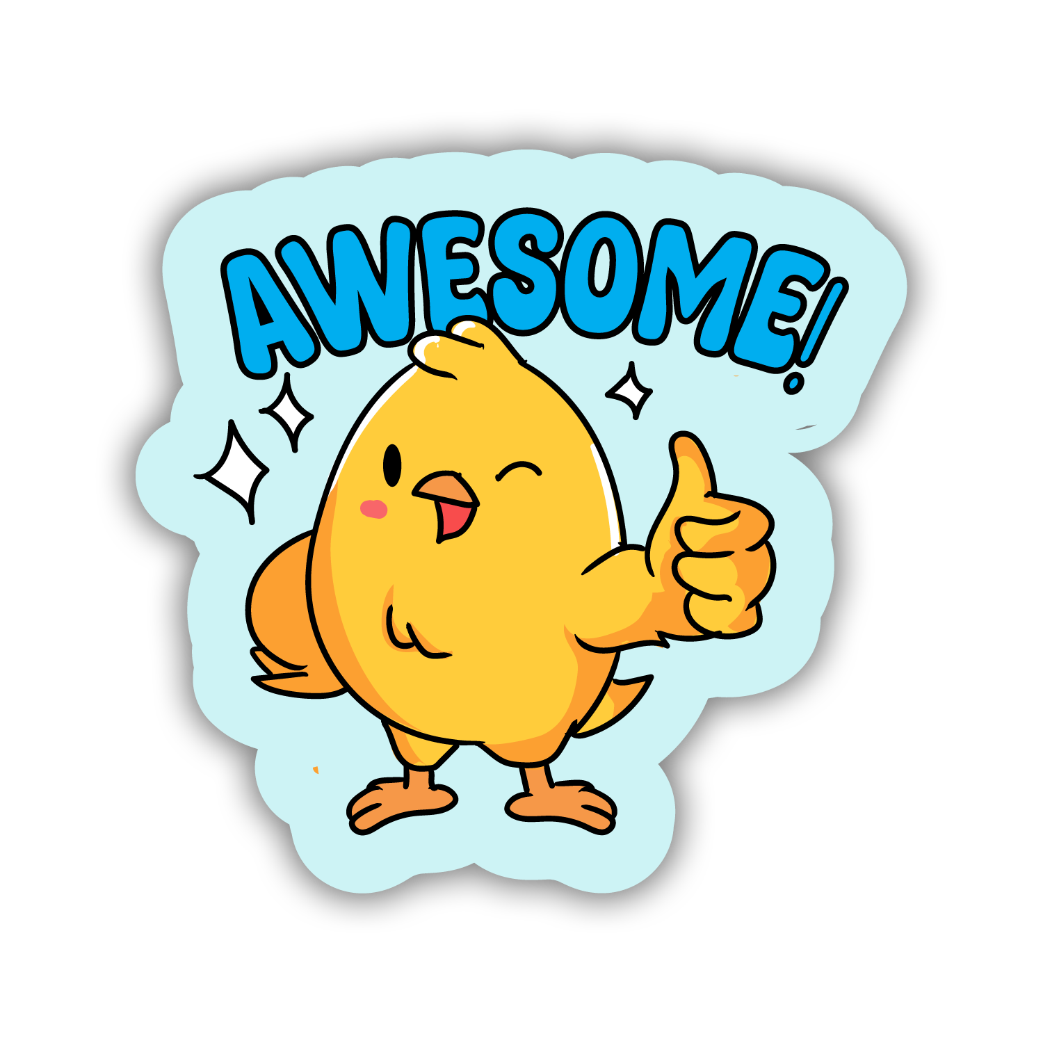 Cartoon chick giving a thumbs up with 'AWESOME!' text on a light blue background