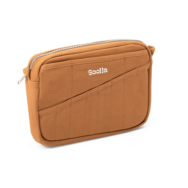 Brown pouch with a zipper and 'Soolala' branding on a white background