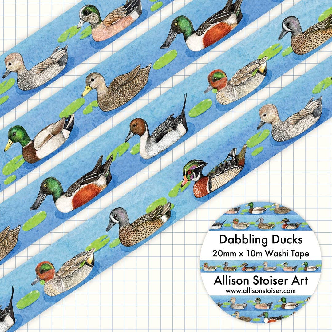 Washi tape with illustrations of ducks on a blue and white striped background, labeled 'Dabbling Ducks' by Allison Stoiser Art.