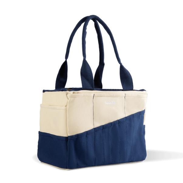 Navy and beige tote bag on a white background