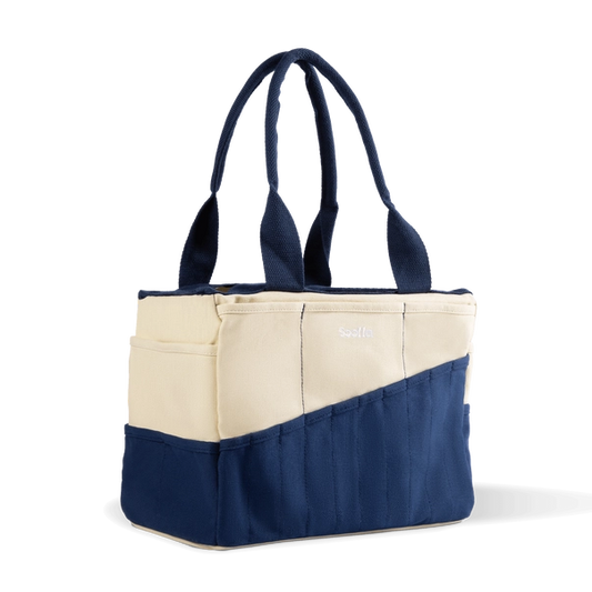 Navy and beige tote bag on a white background