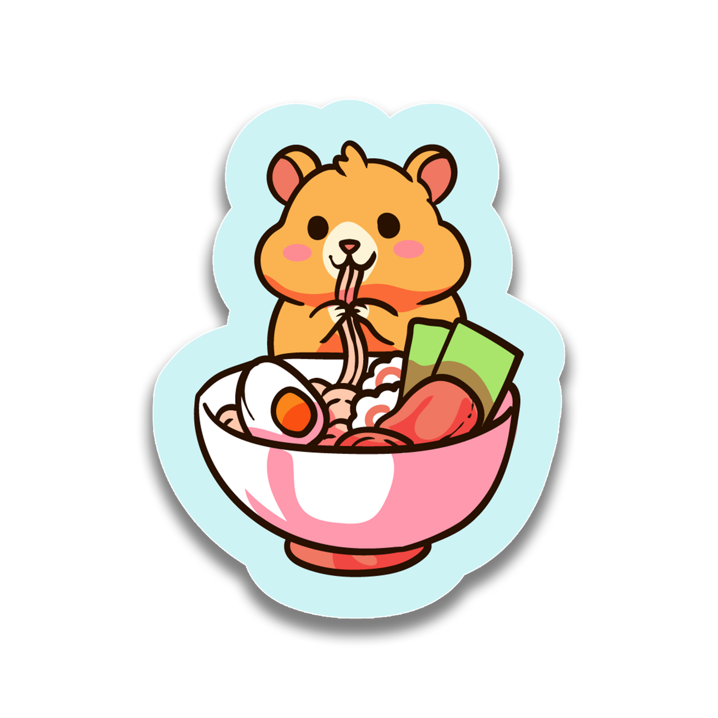 Sticker of a cartoon hamster eating ramen with a light blue border on a white background