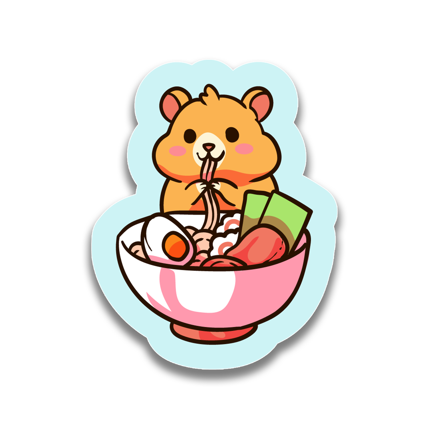 Sticker of a cartoon hamster eating ramen with a light blue border on a white background