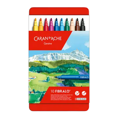 Caran d'Ache Fibralo colored pencils set in a metal tin with a scenic illustration on the packaging.