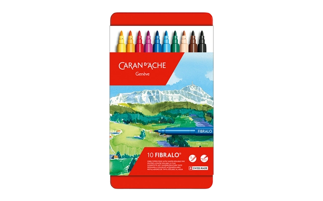 Caran d'Ache Fibralo watercolor pencils set with a scenic illustration on the packaging.