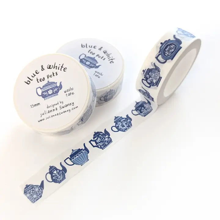 Washi tape with blue teapot design on a white background