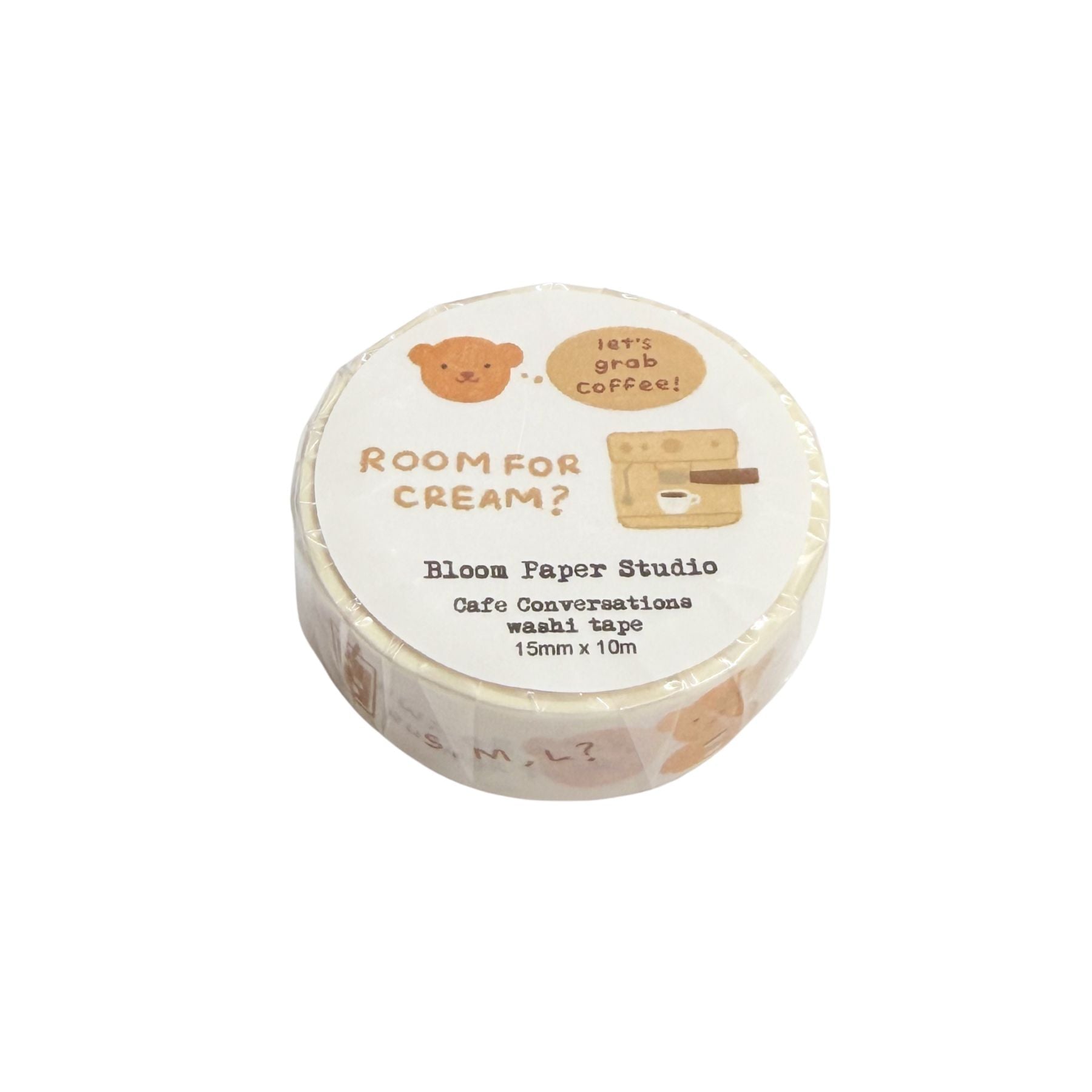 Round washi tape roll with text and graphics on a white background