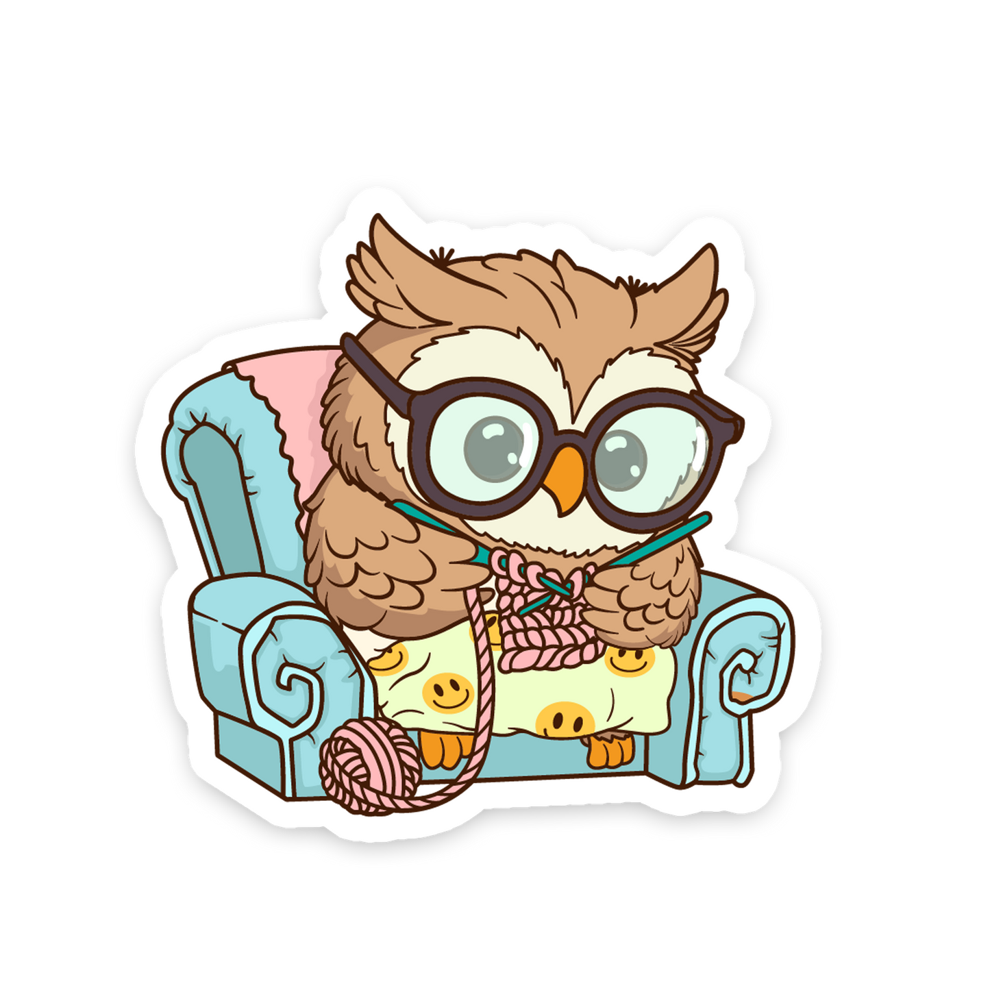 Cartoon owl wearing glasses and knitting on a blue chair with yarn, on a white background
