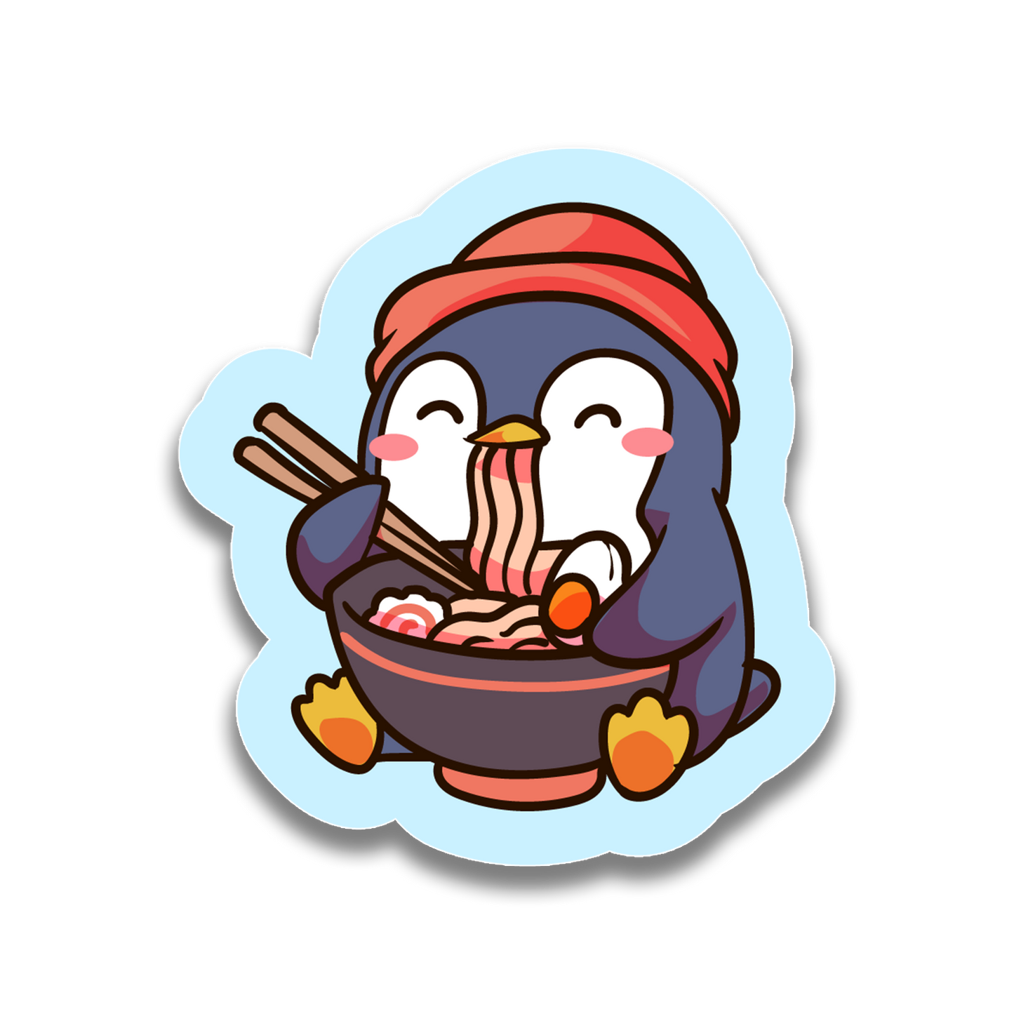 Cartoon penguin eating ramen with chopsticks on a light blue background