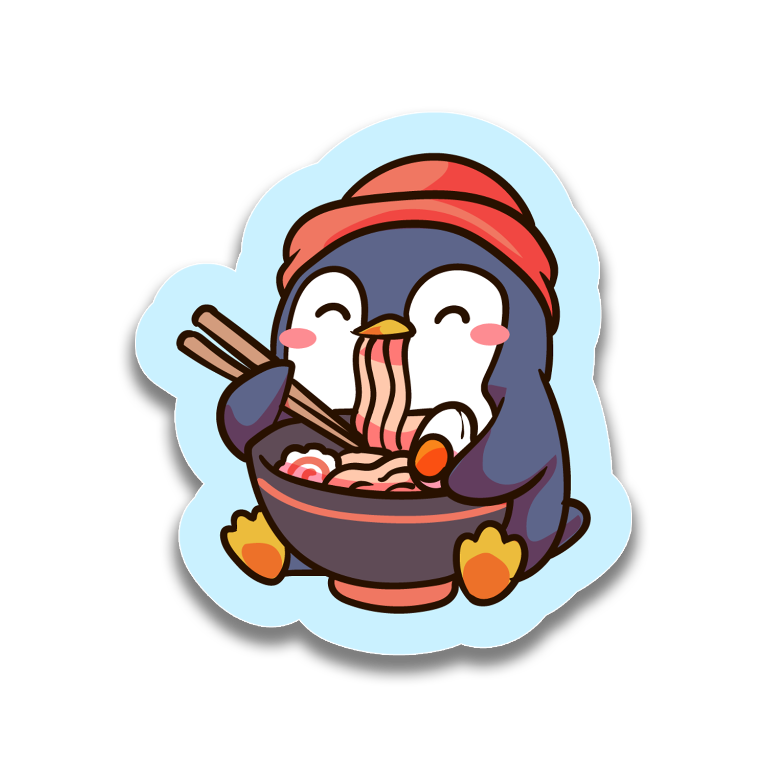 Cartoon penguin eating ramen with chopsticks on a light blue background
