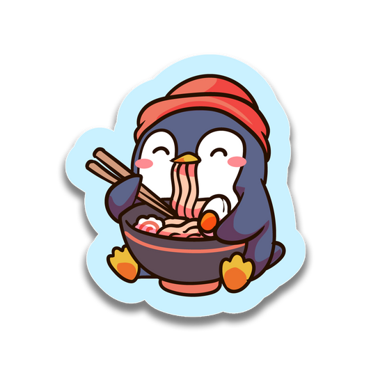 Cartoon penguin eating ramen with chopsticks on a light blue background
