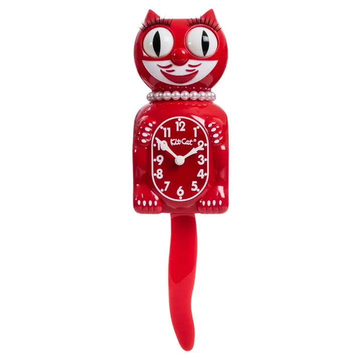 A red Cat Clock featuring a glossy red cat body with a white clock face, white numbers, and a white beaded collar, set against a plain white background.
