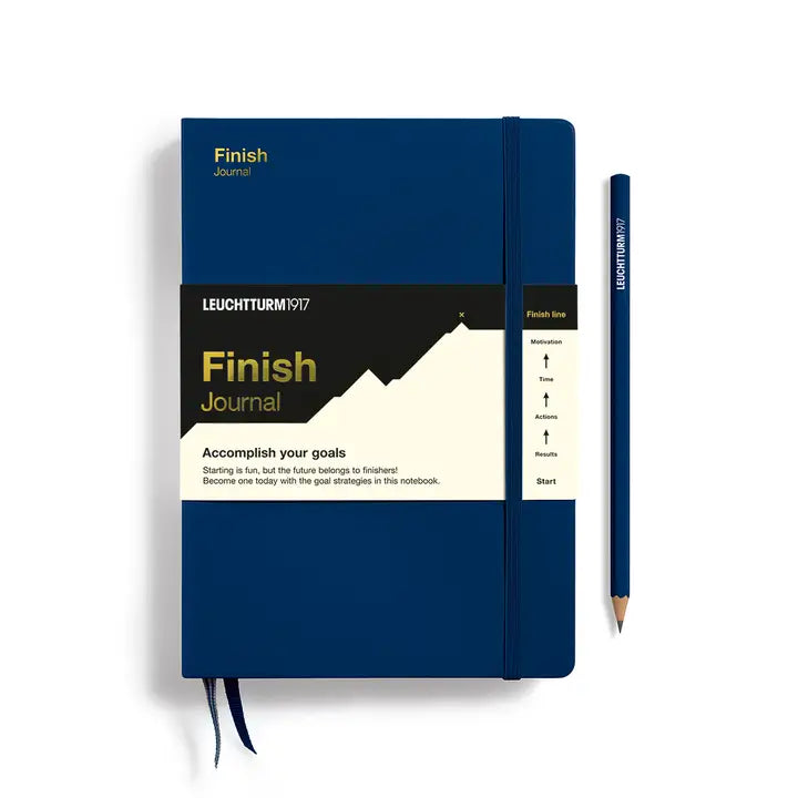 Blue notebook with a pencil on a white background