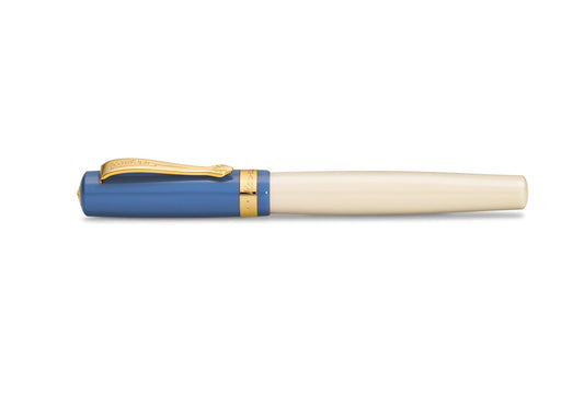 Pen with blue and gold accents on a white background