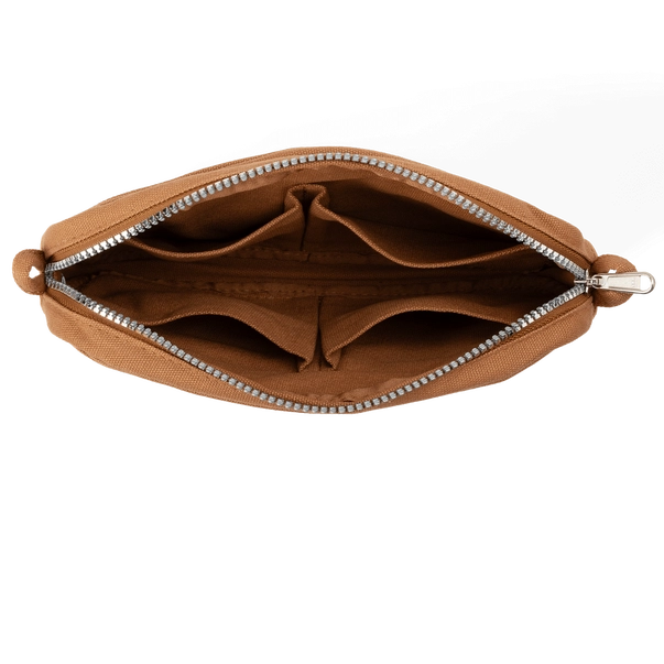 Brown pouch with a zipper on a white background