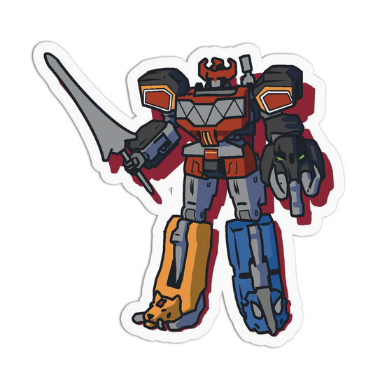 A die-cut vinyl sticker of a stylized robot character resembling Voltron, featuring a red chest, gray arms and sword, blue lower legs, and a yellow-orange lower leg, shown on a white background with a black drop shadow.