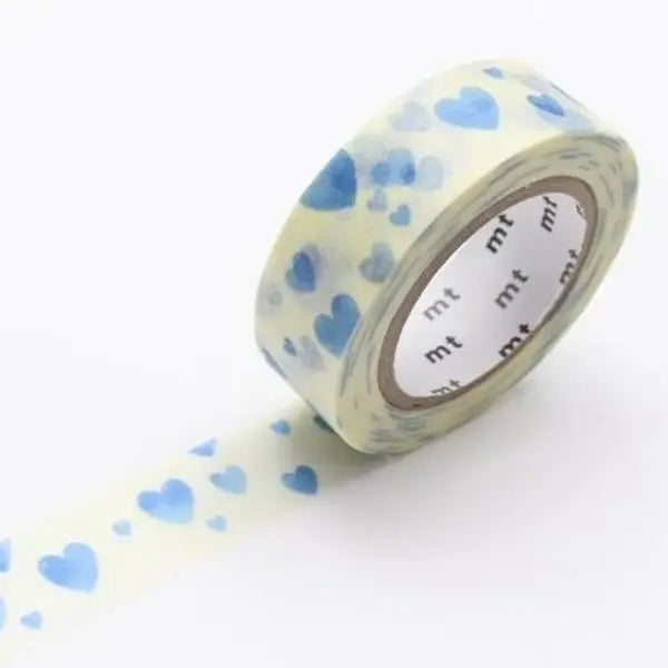 Roll of decorative tape with blue heart pattern on a white background