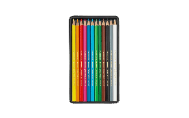 Set of colored pencils in a black case on a white background