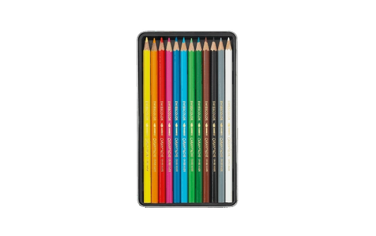 Set of colored pencils in a black case on a white background