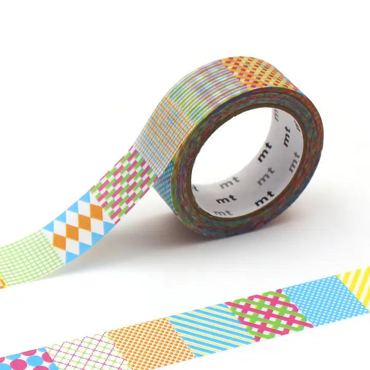 Colorful patterned tape with 'mt' branding on a white background