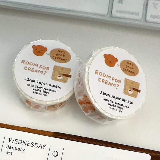 Two rolls of 'Room for Cream?' washi tape by Bloom Paper Studio on a white surface.