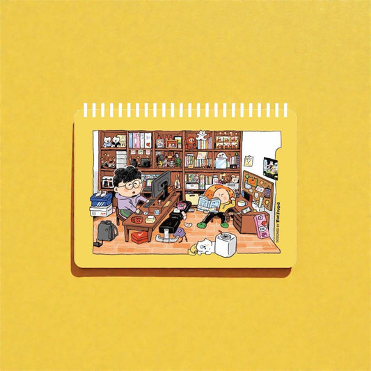 Illustration of a cozy room with bookshelves and people on a yellow background