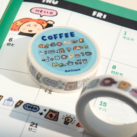 Roll of tape with coffee-themed design on a calendar background