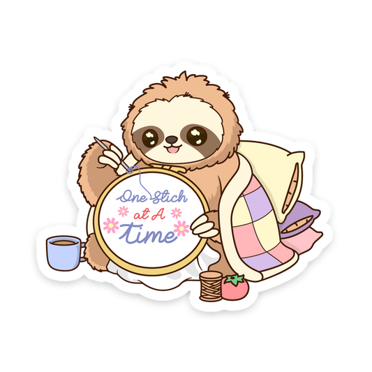 Cartoon sloth holding a embroidery hoop with 'One Stitch at A Time' text on a white background