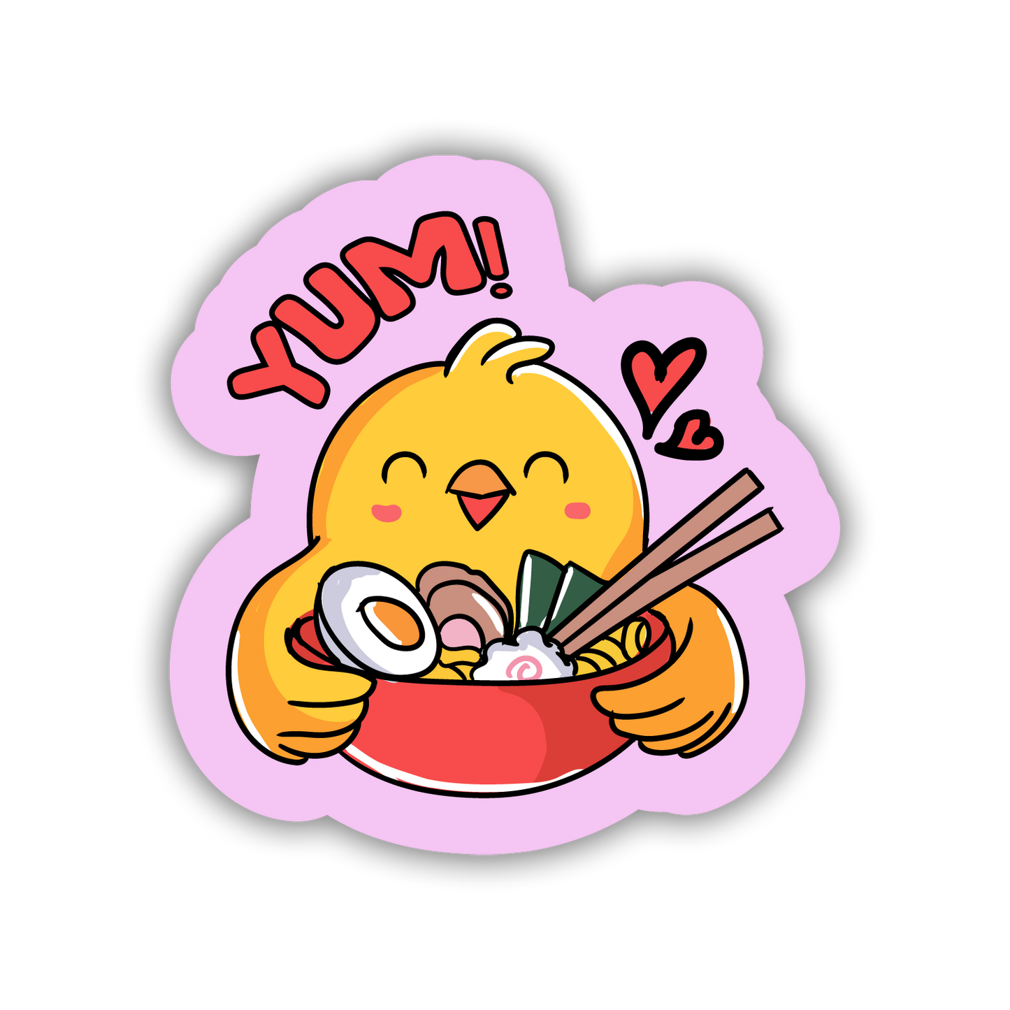 Cartoon chicken holding a bowl of ramen with 'YUM!' text on a pink background