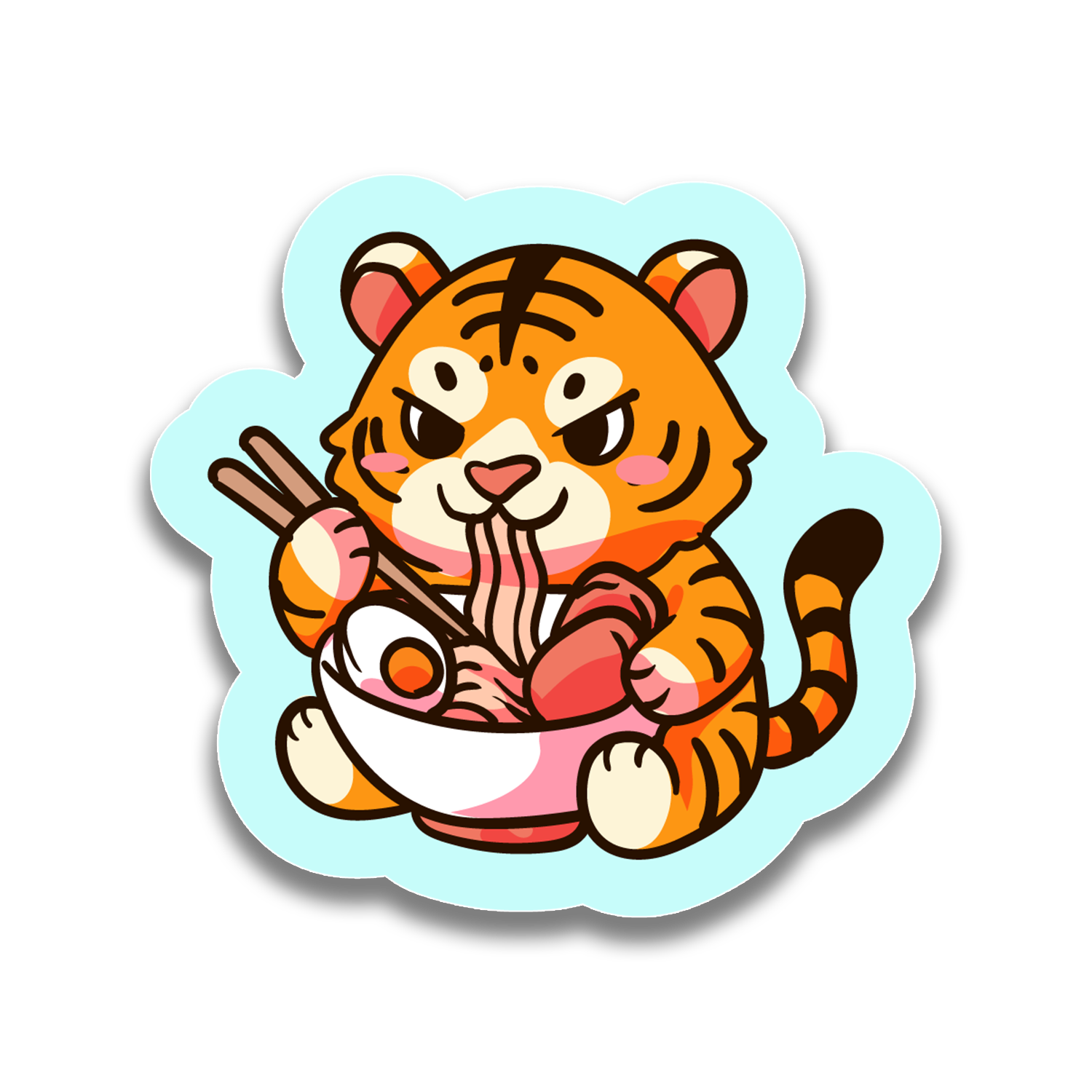 Cartoon tiger eating ramen with chopsticks on a light blue background