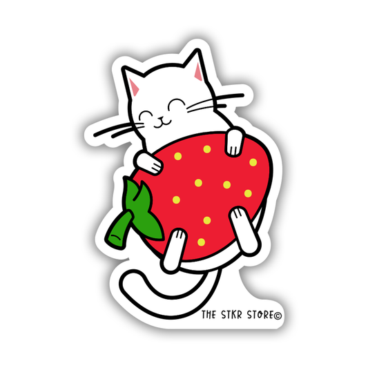 Strawberry Snuggle Cat - Cat Playing Fruits Sticker