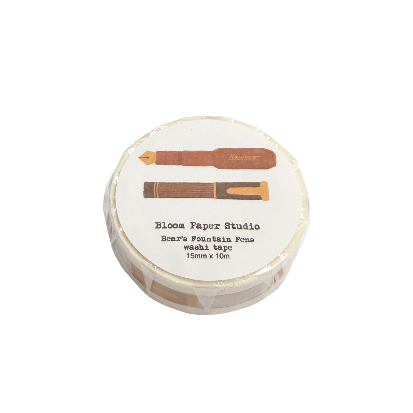 Roll of tape with wooden applicators on a white background, labeled 'Bloom Paper Studio'.