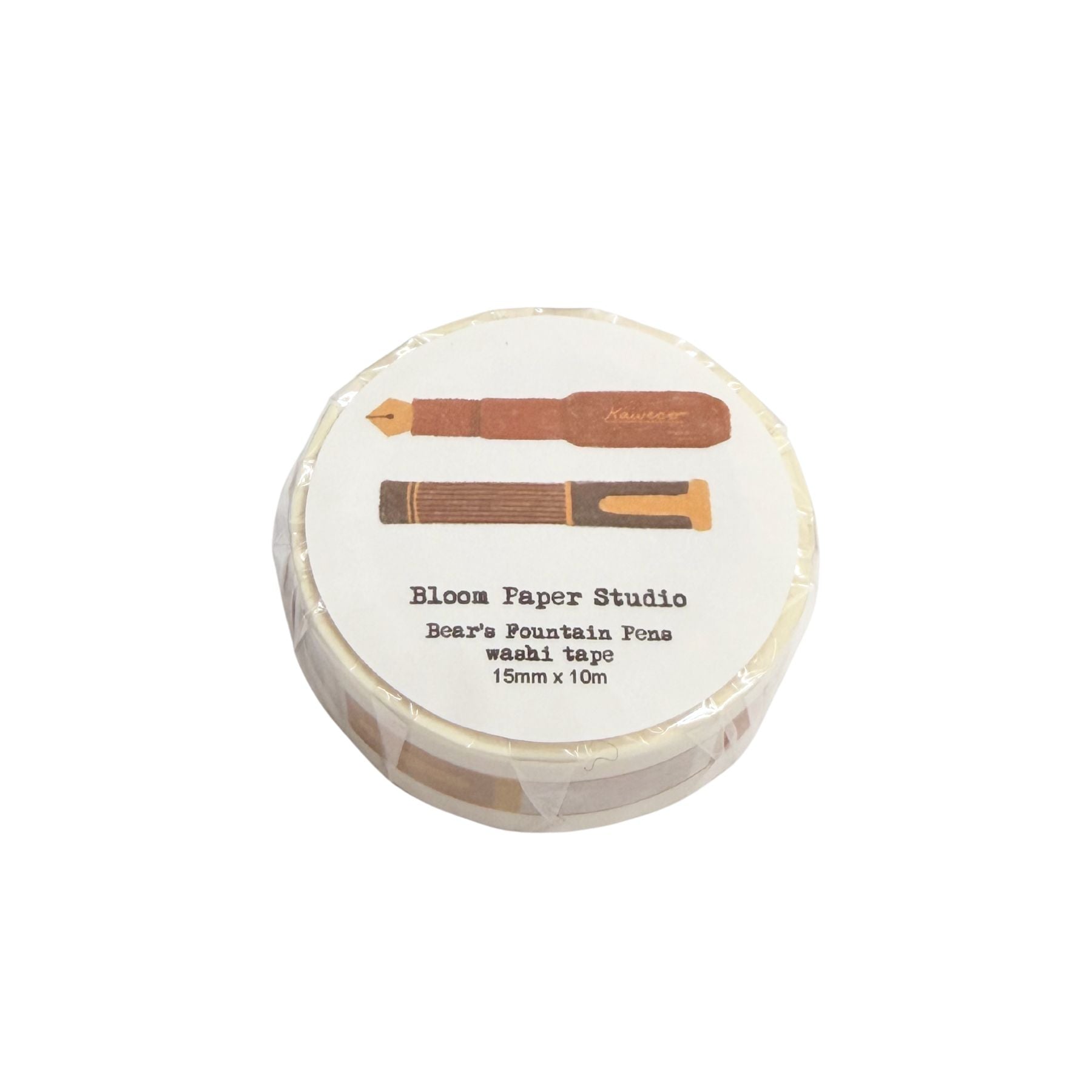 Roll of tape with wooden applicators on a white background, labeled 'Bloom Paper Studio'.