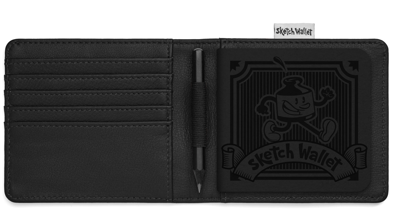 Black Sketch Wallet with pen and brand logo on a white background