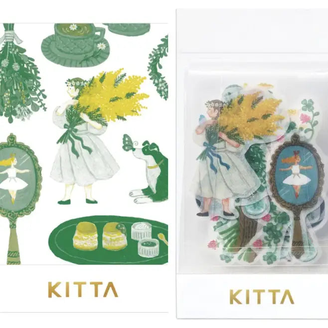 Two KITTA product packaging designs featuring illustrations of a woman with flowers and decorative elements.