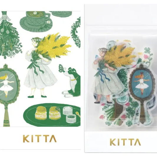 Two KITTA product packaging designs featuring illustrations of a woman with flowers and decorative elements.