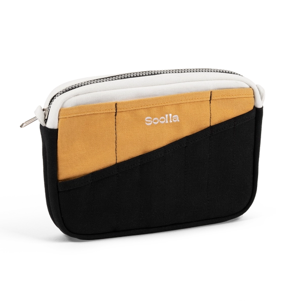 Two-tone black and mustard pouch with 'Sodla' branding on a white background