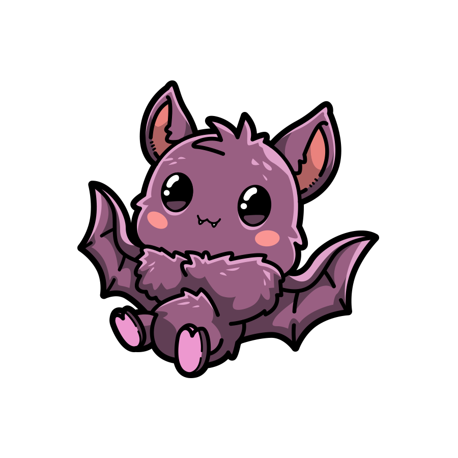 Cartoon purple bat with pink accents on a white background