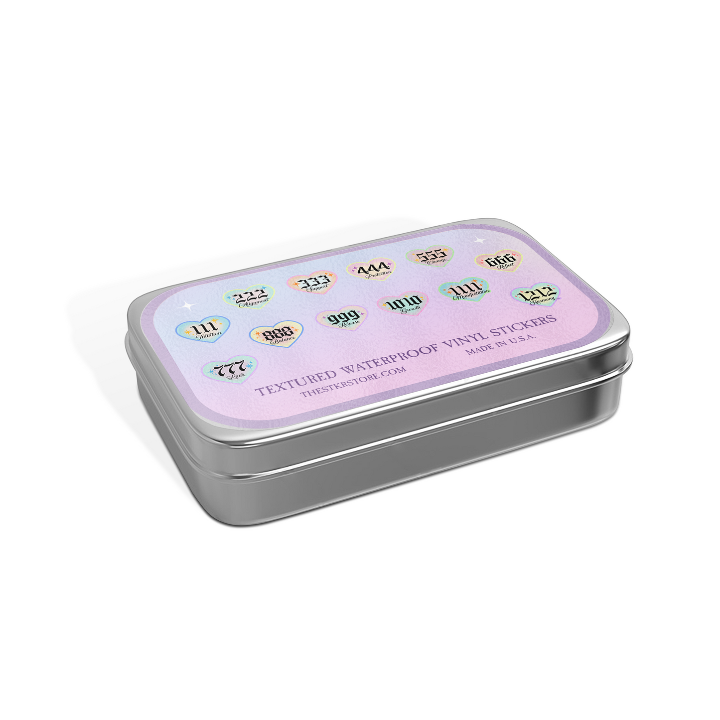 Metal tin with textured waterproof vinyl stickers on a white background