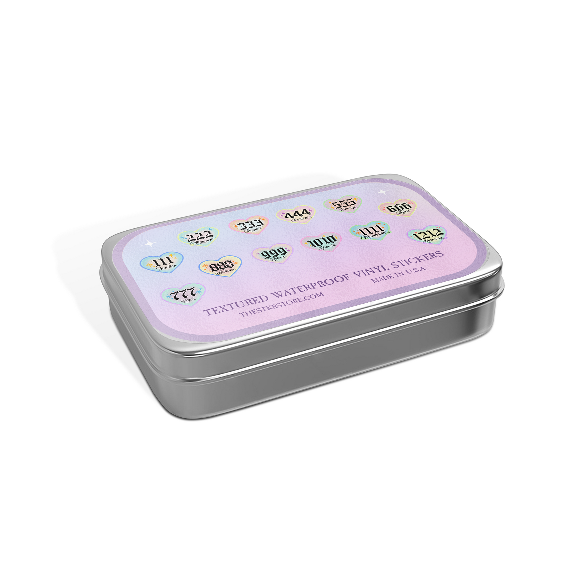 Metal tin with textured waterproof vinyl stickers on a white background