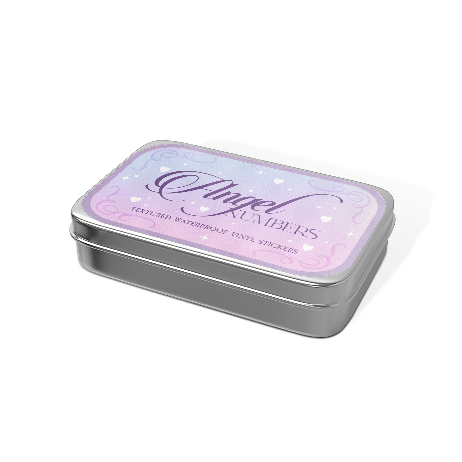 Tin box with 'Angel Numbers' text on a white background