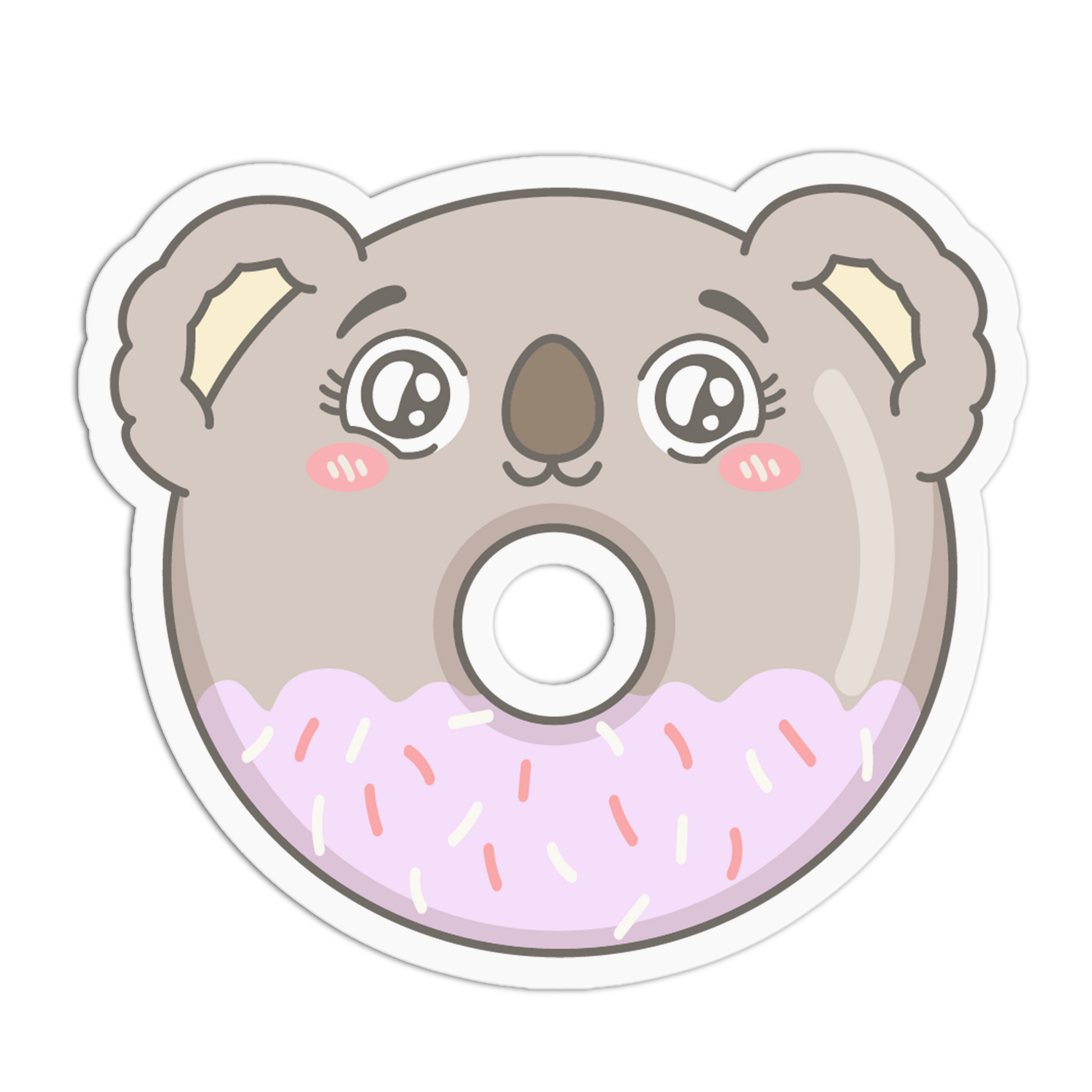 A die-cut cartoon koala face sticker designed like a donut, with light brown fur, pink frosting, and sprinkle details on a white background.