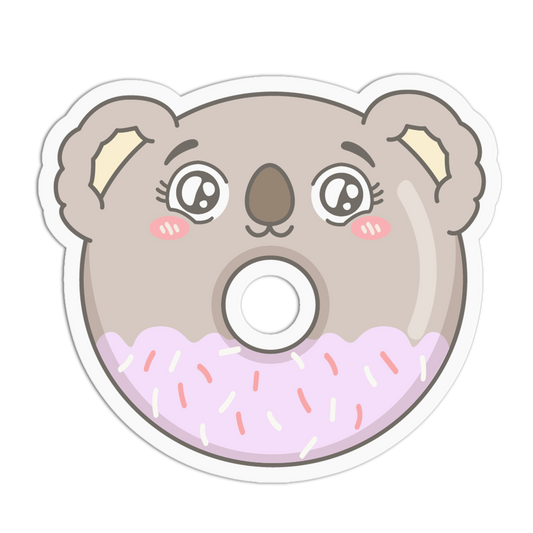A die-cut cartoon koala face sticker designed like a donut, with light brown fur, pink frosting, and sprinkle details on a white background.