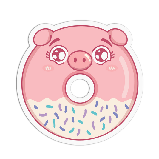 A die-cut sticker featuring a cute cartoon pig face shaped like a donut, with pink frosting, a cream-colored lower section, and multicolored sprinkle details on a plain white background.