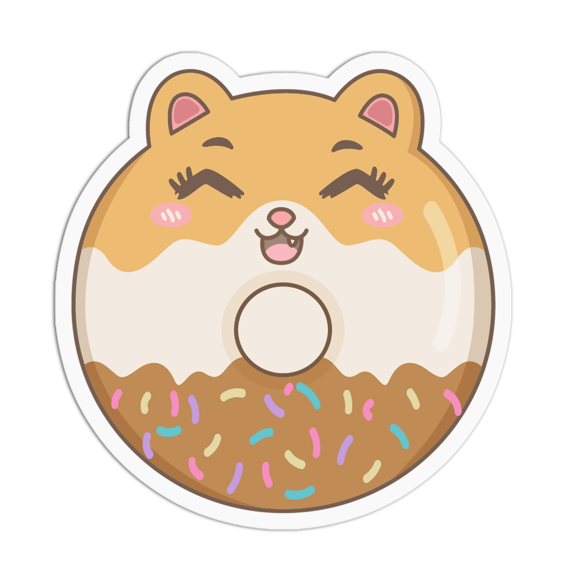 A die-cut cartoon hamster donut sticker on a plain white background. The donut has a tan and cream top with pink inner ears, closed winking eyes, pink cheeks, a brown lower half with multicolored sprinkles, and a white outline around the sticker.
